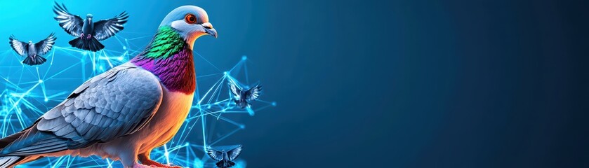 Obraz premium Glowing Digital Carrier Pigeon Delivering Messages in a Modern Technology Background