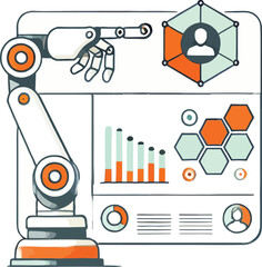 a robotic arm pointing to a simple dashboard with hexagonal . AI-Powered Automation Dashboard