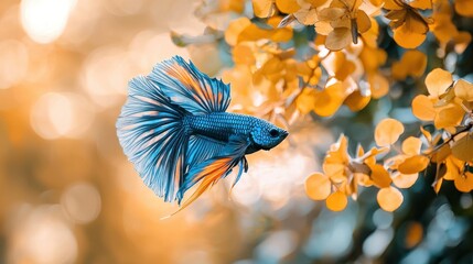 Vibrant betta fish amongst autumnal foliage, serene outdoor setting