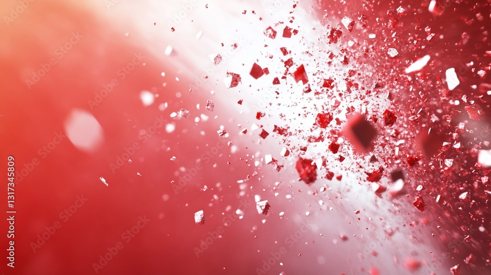Poster abstract red explosion: dynamic particles in motion, a burst of crimson energy and vivid color splas