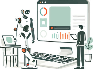 A humanoid ai robot working on a laptop with a simple screen display . AI Collaboration