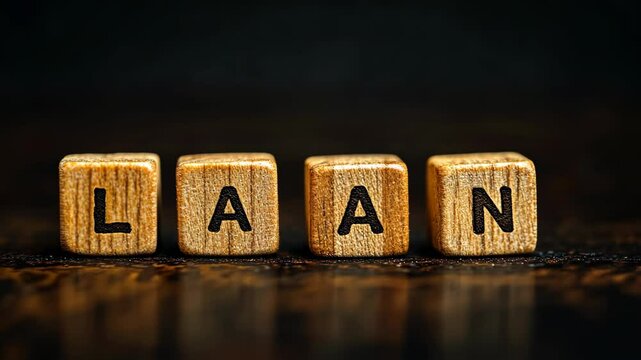 Wooden blocks spell out LAAN with a dark background, showcasing a creative and artistic arrangement of letters in a unique font