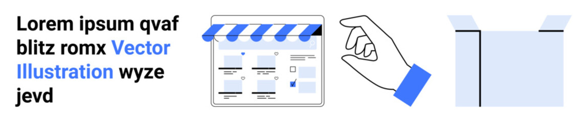 Tablet with e-commerce storefront, hand with blue sleeve reaching towards it, open box. Ideal for online shopping, digital marketing, retail, unboxing experience, customer service, shipping