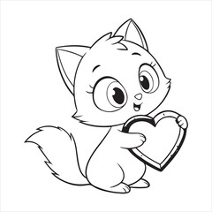 Obraz premium Adorable White Kitten Holding a Red Heart – Cute Cartoon Valentine Illustration