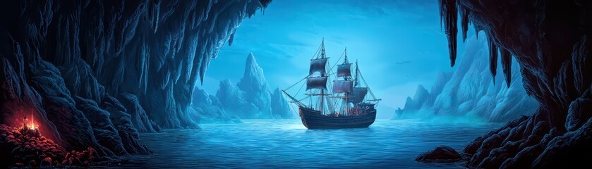 Enchanting Hand-Painted Fantasy Scene of a Ship in a Mysterious Cave Landscape