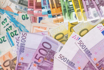 close up of pile of paper euro banknote, finance background
