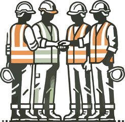 Four workers collaborating, standing together in a simple and modern style. they are wearing safety vests and hard hats. Construction Teamwork