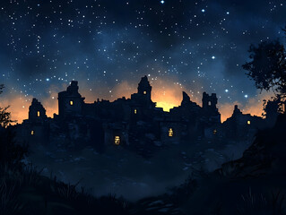 Silhouette of ancient ruins under a starry night sky