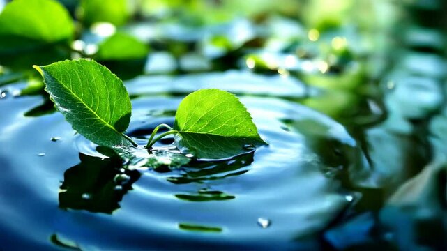 Fresh green leaf with water drops reflecting light