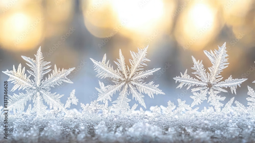 Poster close up view of three intricate ice crystals on a windowpane, illuminated by soft, warm sunlight. t