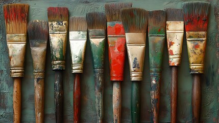 Row of used paintbrushes on textured background.