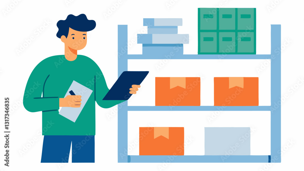 Poster inventory management an individual checking inventory levels on a clipboard surrounded by boxes and 