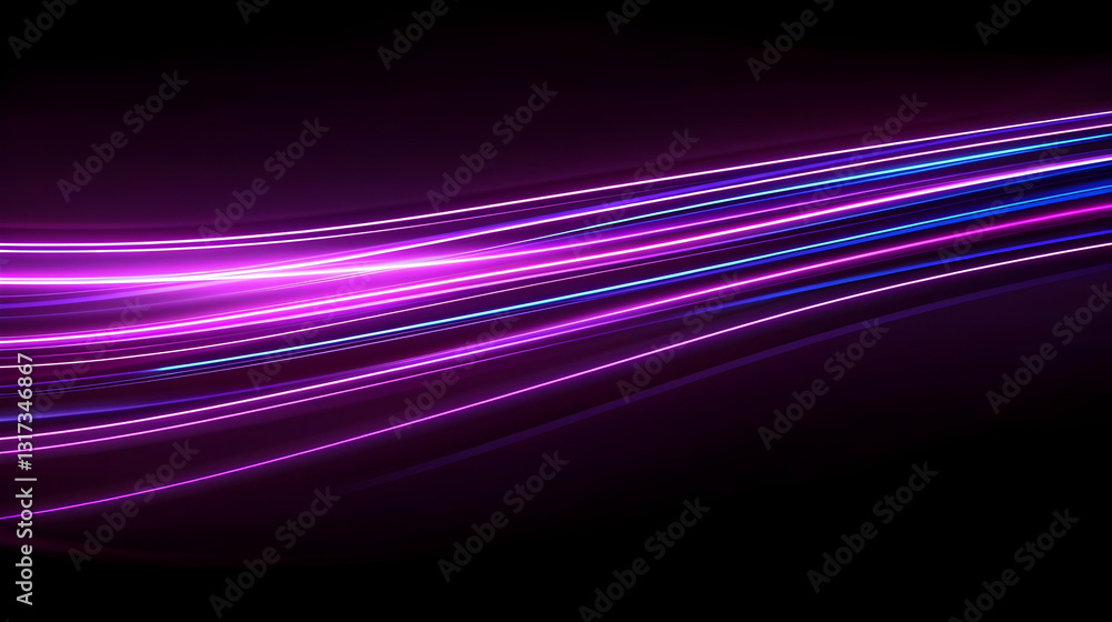 Poster vivid purple and blue light trails flowing smoothly against dark background creating abstract wave p