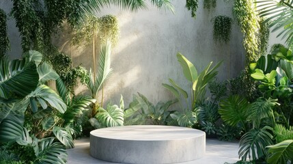 Tropical concrete pedestal surrounded by lush greenery