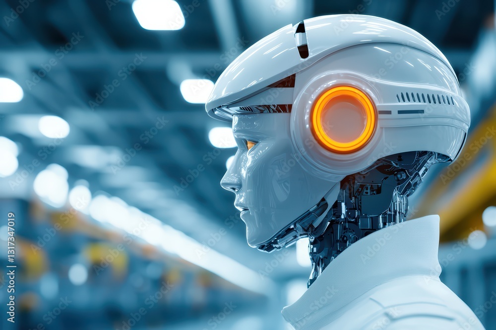 Poster humanoid robot working in advanced manufacturing environment with high-tech design elements