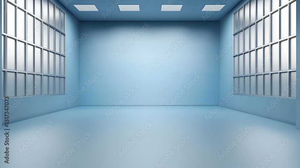 Poster empty spacious blue room with minimalist interior design bright lighting and large windows featuring