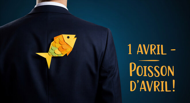 1 avril - Poisson d'avril : un poster avec un homme d'affaires s&eacute;rieux qui a un poisson color&eacute; coll&eacute; dans le dos. La blague a r&eacute;ussi.