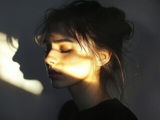 A woman is pictured with her eyes closed, casting a long shadow on the wall
