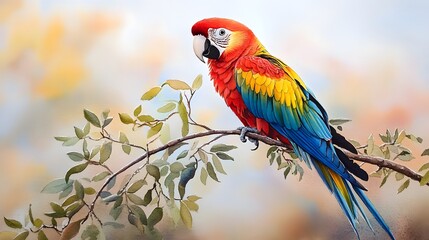 Obraz premium Vibrant Scarlet Macaw Perched on Branch with Green Leaves Watercolor Painting