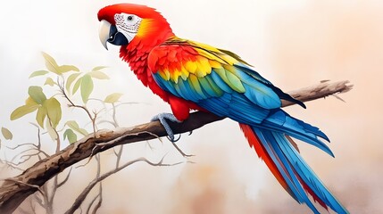 Obraz premium Scarlet Macaw Perched on Branch Vibrant Tropical Bird Wildlife Image