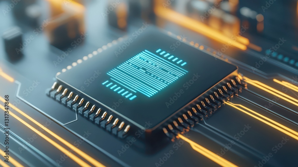 Poster illuminated semiconductor chip, glimpse into the world of advanced microelectronics and integrated c