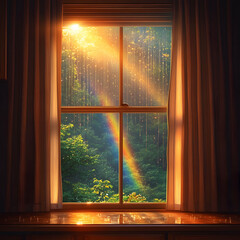 Sunlight streams through a window, illuminating a rainbow in the rain