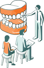 Dental Education . A dental surgery theory lesson on a pure white background. the illustration includes a simplified teacher figure