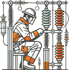High Voltage Technician .A high voltage electrician. the image features an electrician wearing protective gear, working on high voltage.