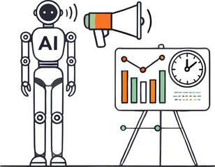 AI-Powered Business Analytics . AI-enhanced real-time marketing on a pure white background. the illustration includes an ai figure, a megaphone.