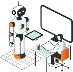 AI Collaboration .AI-powered 3d modeling. the image includes an abstract robot holding a tablet and a person seated at a desk.