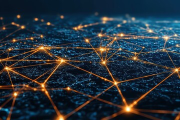 Obraz premium Neon-lit web of connections linking people in a digital landscape of vibrant networks