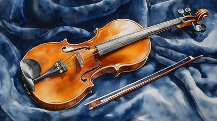 Watercolor Painting of a Violin and Bow Resting on Blue Fabric