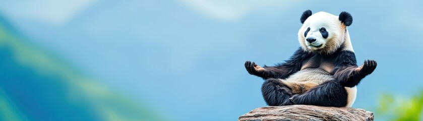 Panda Practicing Yoga on a Mountain Peak Surrounded by Serene Nature and Majestic Landscapes