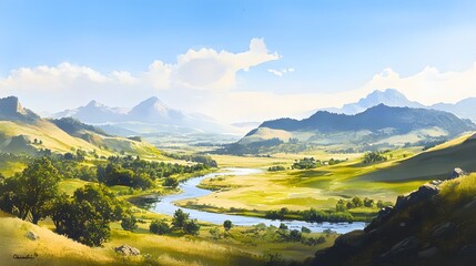 Fototapeta premium Serene River Valley Landscape Picturesque Mountains and Lush Green Meadows under a Sunny Sky