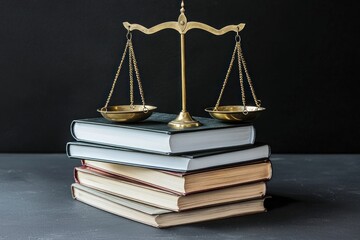 Justice Scales atop stacked books, dark backdrop