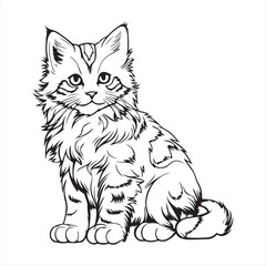  Cute Cartoon Fluffy Kitten Line Drawing with Bold Clean Lines