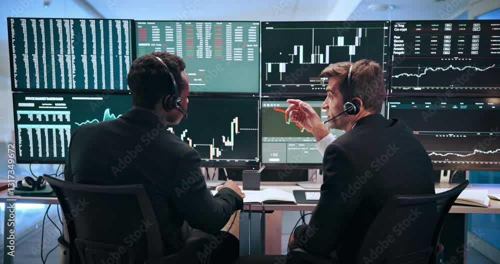 Poster Men, graphs and computer screen for trading, advice and headset with stats, analysis and problem solving. People, partner and monitor for charts, stock market and discussion at investment agency