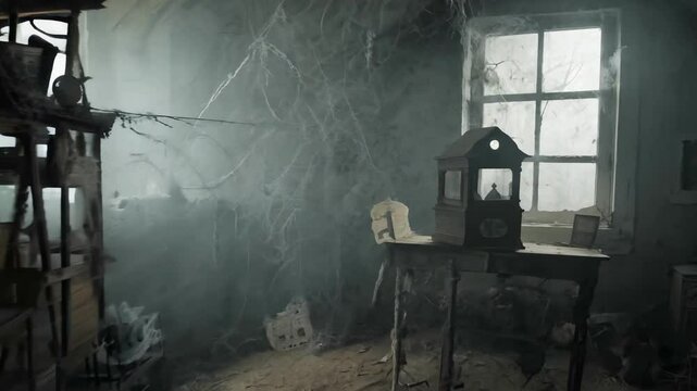 Abandoned dusty attic with vintage toys and cobwebs. concept of nostalgia, forgotten childhood, eerie atmosphere, time passage in old buildings.