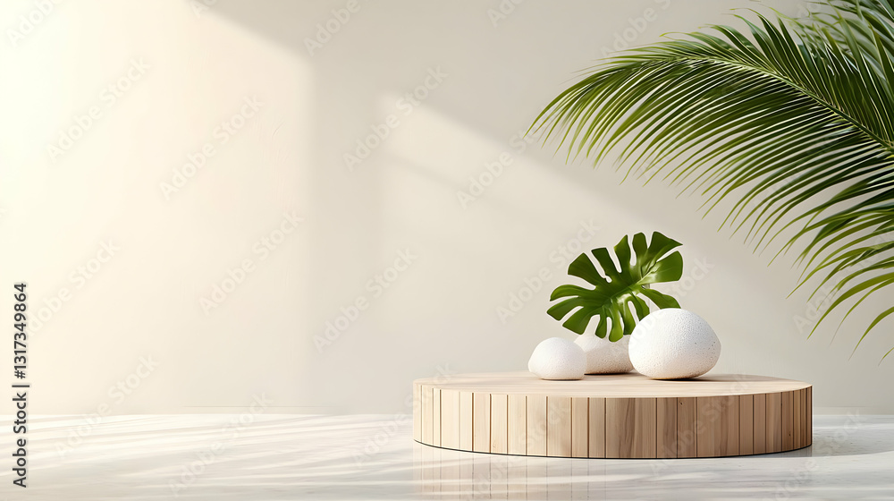 Poster 3d rendering of a wooden podium with white stones and a palm leaf in a cream background with soft su