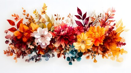 Autumnal Watercolor Floral Arrangement Vibrant Fall Flowers and Leaves Design