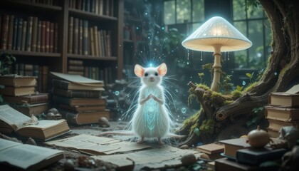 Magical White Mouse in Enchanting Library Setting with Glowing Aura and Mushroom Lamp