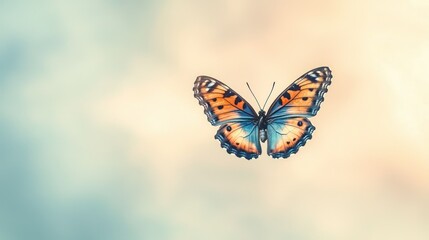 Obraz premium Flying butterfly, soft focus, pastel sky background