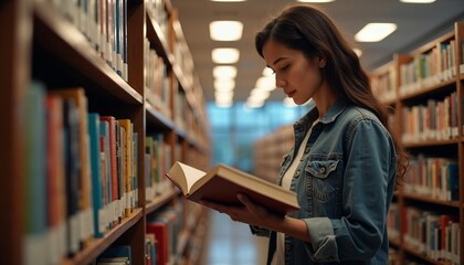 Woman organizing books in local library, neatly arranged bookshelves, concept for International Day of Charity