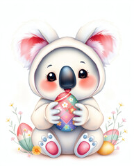 Cute koala in an adorable costume holding a colorful egg surrounded by flowers and pastel eggs during spring festivities