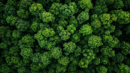 Aerial view of lush green forest canopy, showing dense, vibrant foliage. The image features various shades of green, creating a textured pattern.