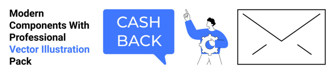 Cashback in bold text within a speech bubble, a character holding a gear pointing upward, and an envelope icon. Ideal for marketing, finance, user engagement, customer rewards, communication, email