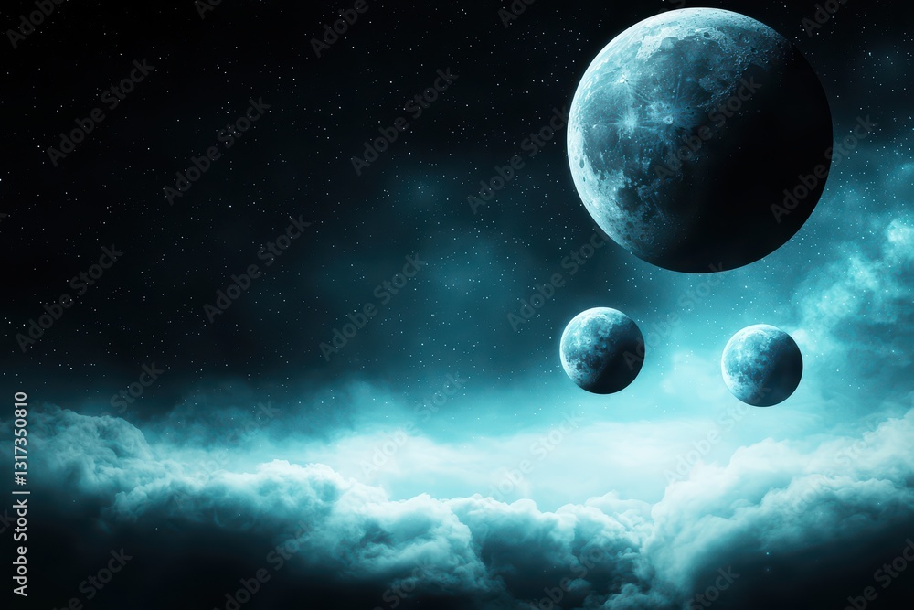 Poster surreal sky with multiple moons floating in a dreamy cosmic background