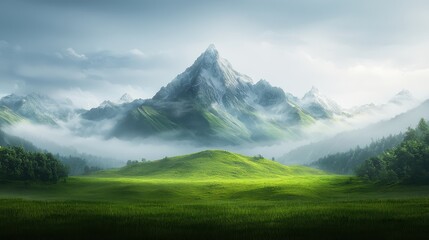 Fototapeta premium Majestic mountains and lush green meadows, breathtaking nature landscape photography