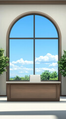 Fototapeta premium Modern office interior with large window and greenery