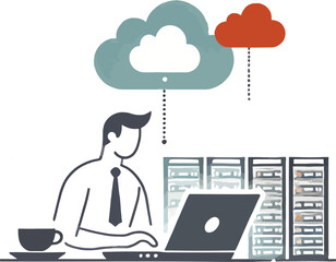 Cloud Computing Solutions .  A person using a laptop with cloud icons and servers in the background.
